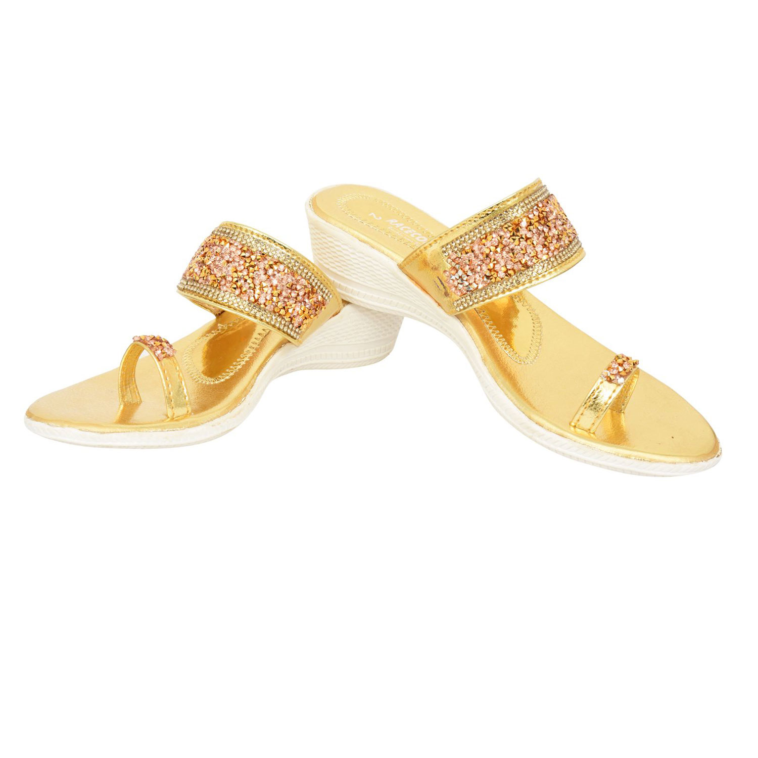 Racecourse Girl's Wedges Heel Ready Made China Upper Kadak Panja Partywear Sandal With the Heel Height of 1.5 Inch 3002 Golden(Pack of 8)